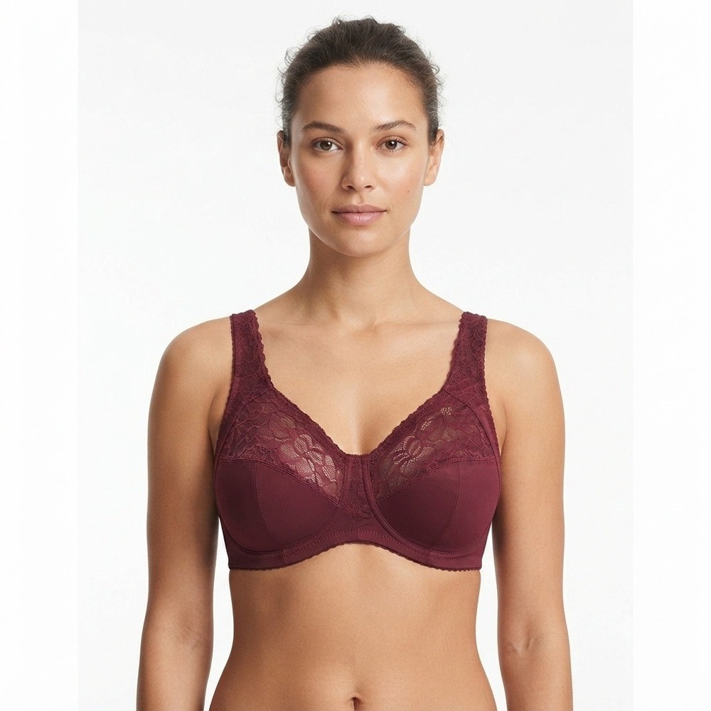 Glamorise Bra Womens 44G MagicLift Lace Support Burgundy Wine Wirefree 1000 Bra